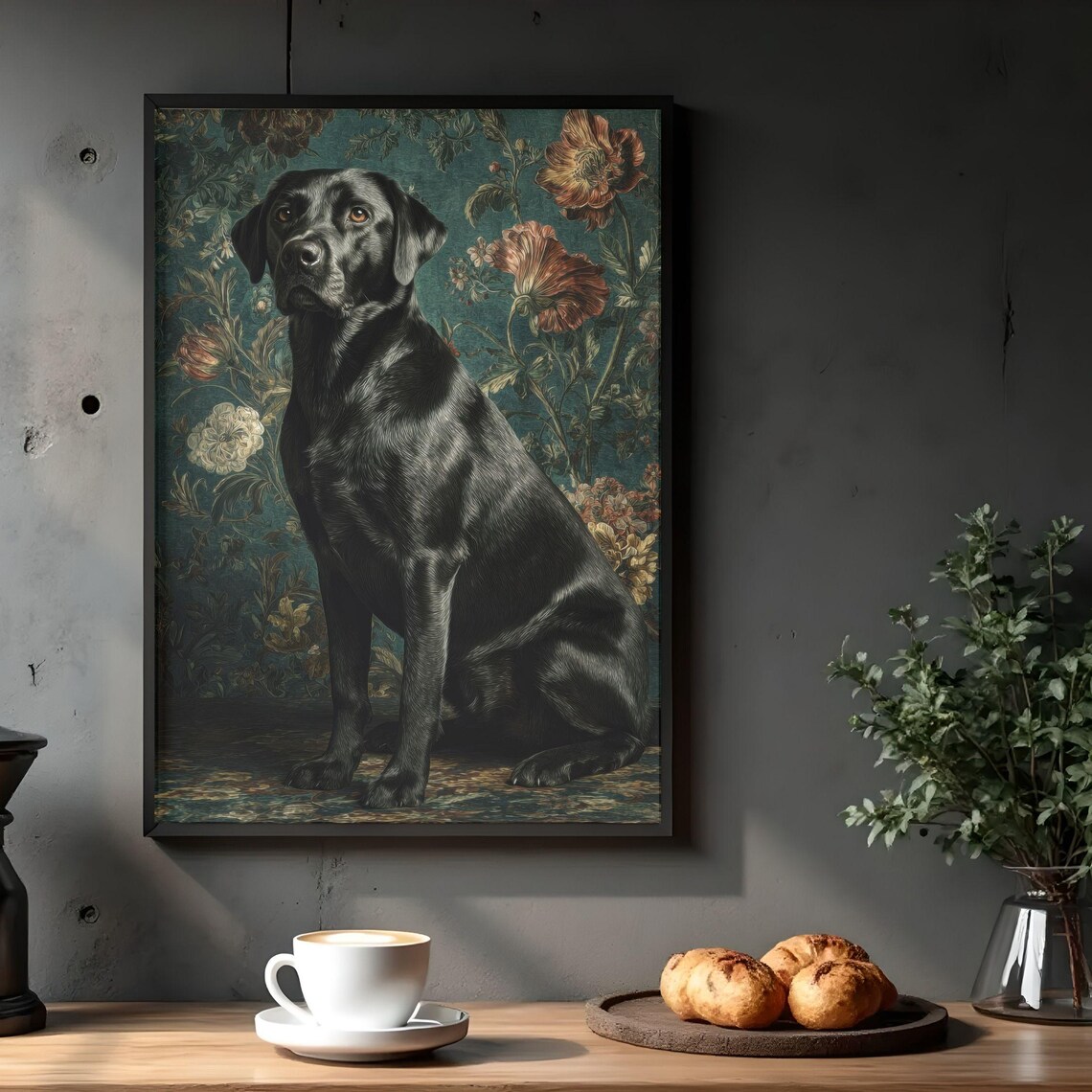 Black Labrador Portrait Vintage Floral Art Print