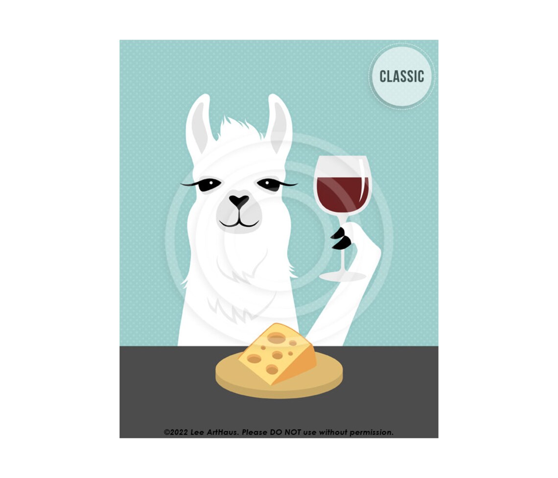 White Llama Drinking Wine With Cheese Cartoon Funny Animal Art Poster - Image 3