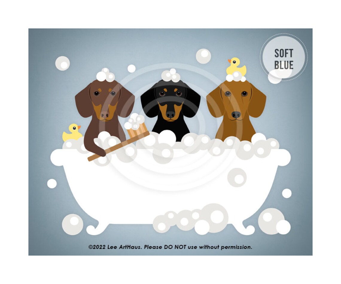 Three Dachshunds Bubble Bath Teal Brush And Duckies Cute Dog Poster - Image 2