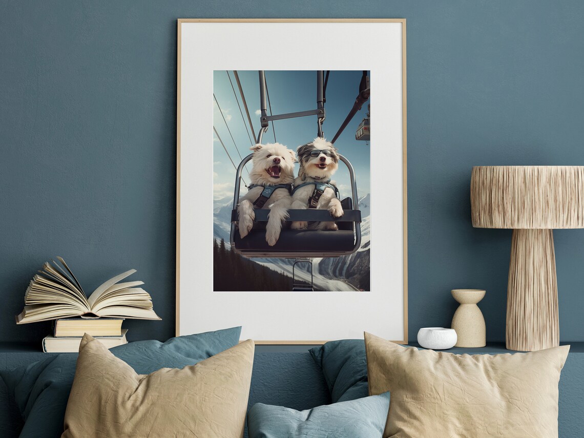 Two Happy Dogs Riding a Ski Lift Mountain Winter Fun Wall Art - Image 2