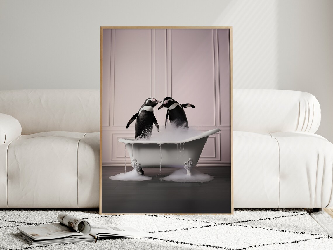 Penguins In Bathtub Funny Surreal Animal Pink Bathroom Wall Poster - Image 2