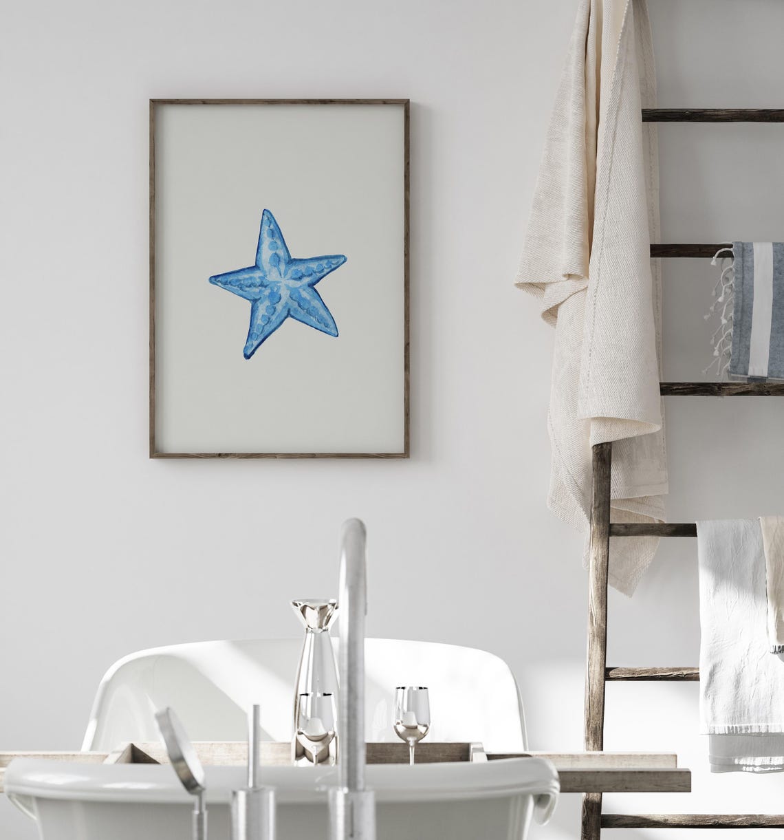 Blue Starfish Minimalist Watercolor Coastal Beach Decor Poster - Image 2