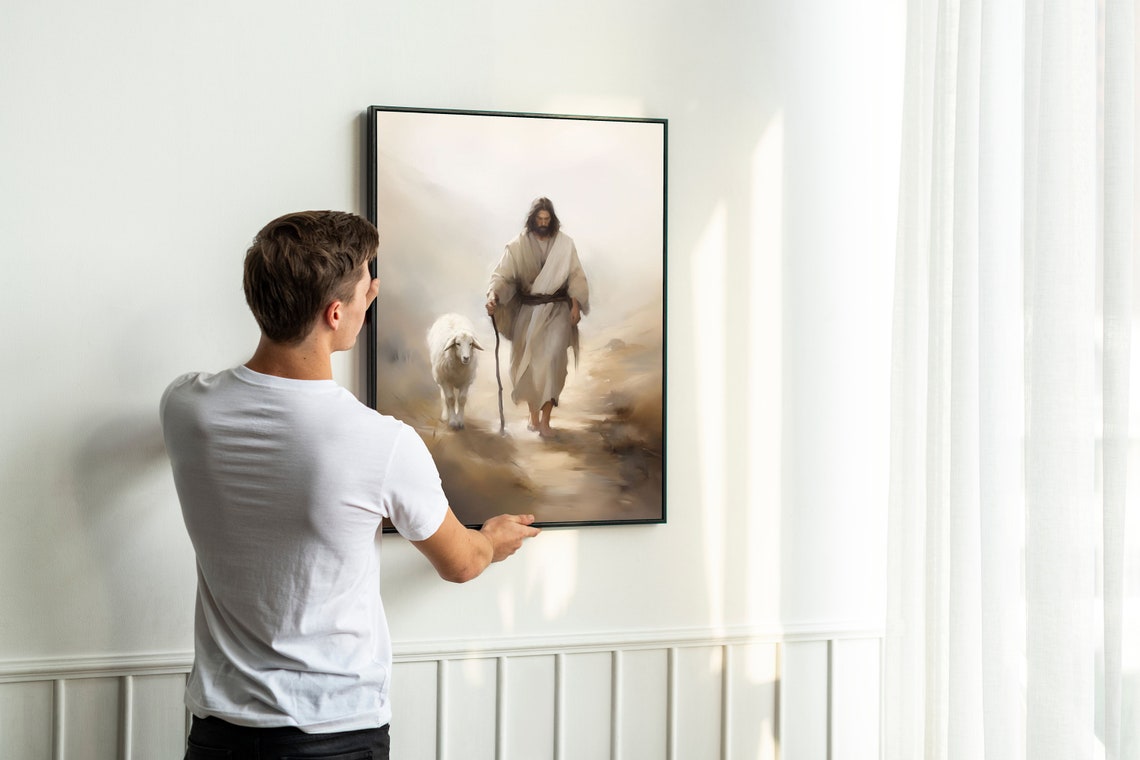 Jesus Christ Leading Sheep Through Misty Desert Oil Style Poster - Image 2