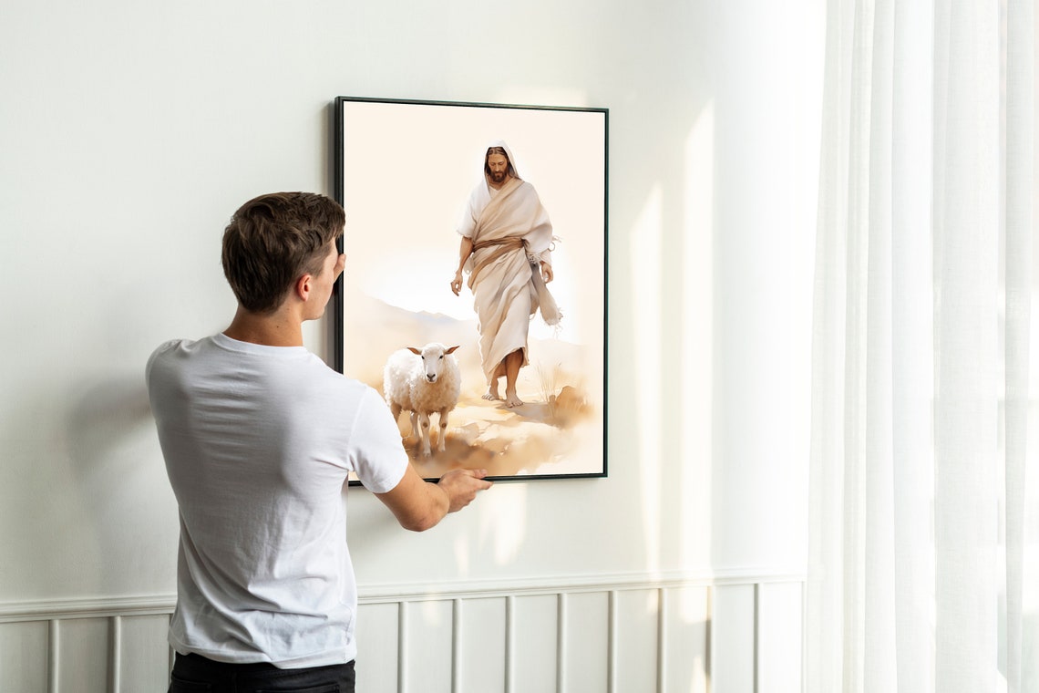 Good Shepherd Jesus and Lamb Soft Watercolor Christian Art Poster - Image 2