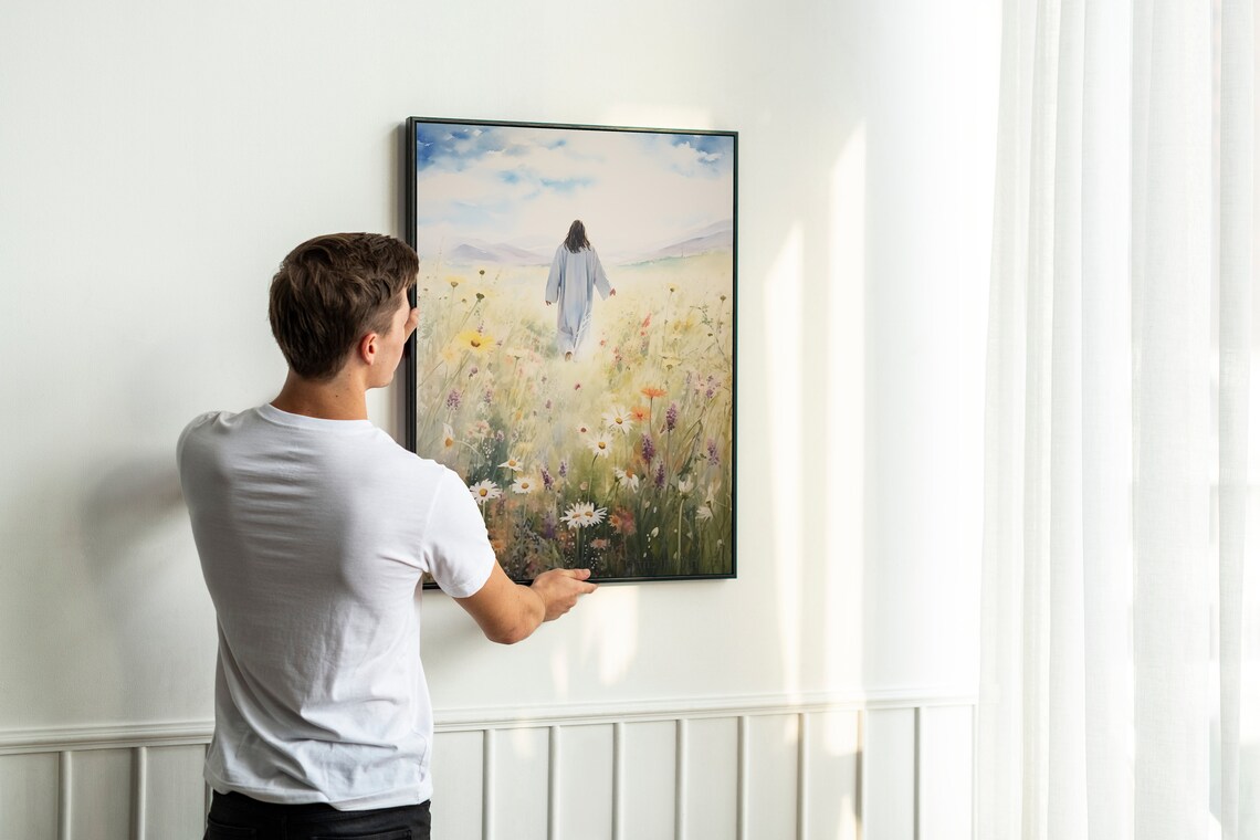 Jesus Christ Walking in a Field Watercolor Art Print - Image 2