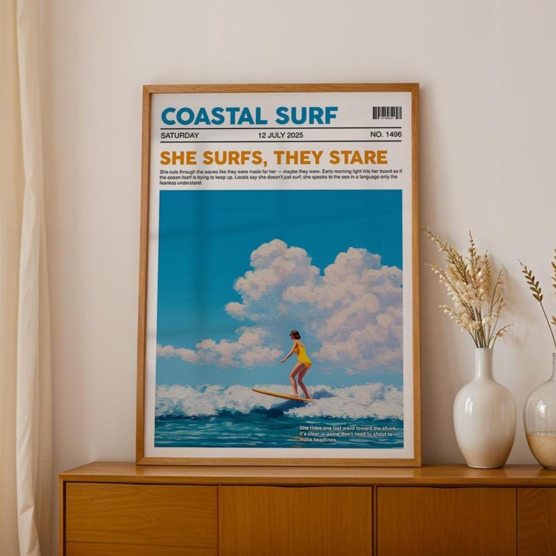 She Surfs They Stare Coastal Surf Vintage Newspaper Style Poster