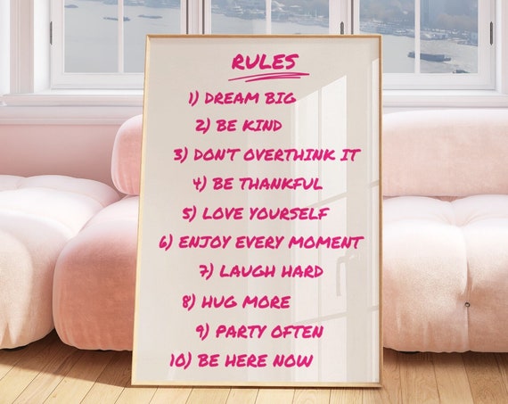 House Rules Print Retro Quote Print Trendy Poster Apartment Decor Dorm Decor Bar Cart Art Print Pink Aesthetic Wall Art