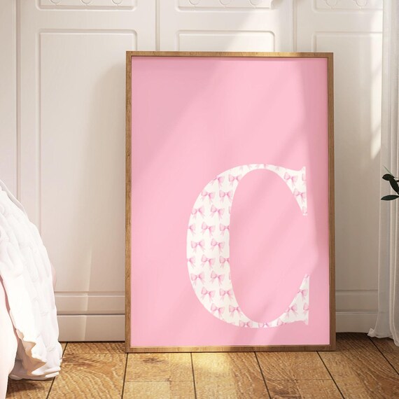 Letter C Poster Pink Bow Print Preppy Wall Art C Initial Print Cute Apartment Decor College Dorm Decor Blush Pink Art Bathroom Decor