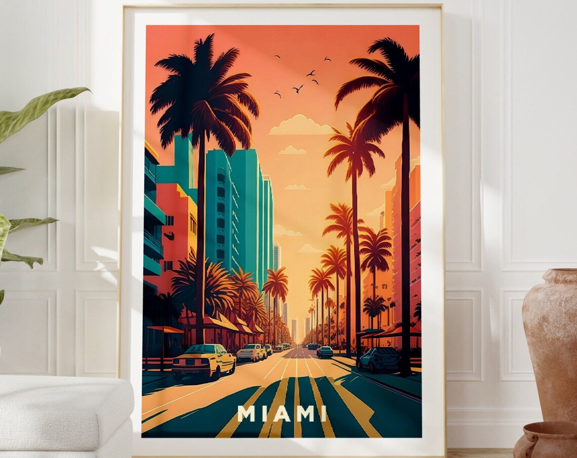 Miami Sunset Palm Tree Street Retro Travel Exhibition Poster - Image 2