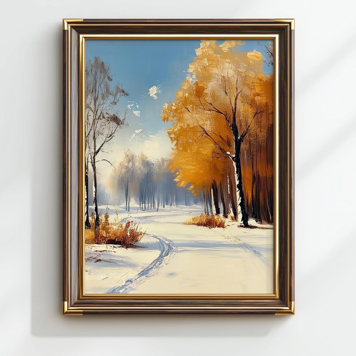 Snowy Country Road Golden Autumn Trees Winter Oil Painting Poster