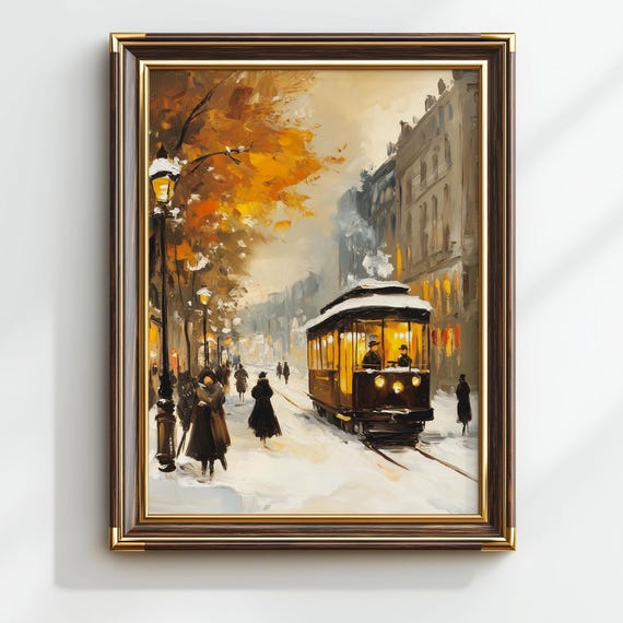 Vintage Winter Tram Street Scene European Cityscape Art Cozy Snowy Decor Classic Wall 6