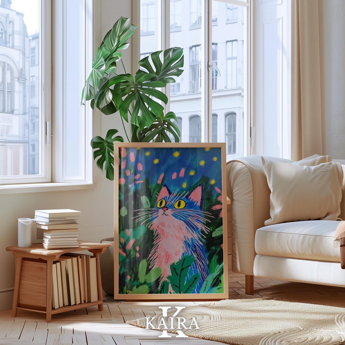 Pink and Blue Cat with Long Whiskers in a Night Garden Poster - Image 4