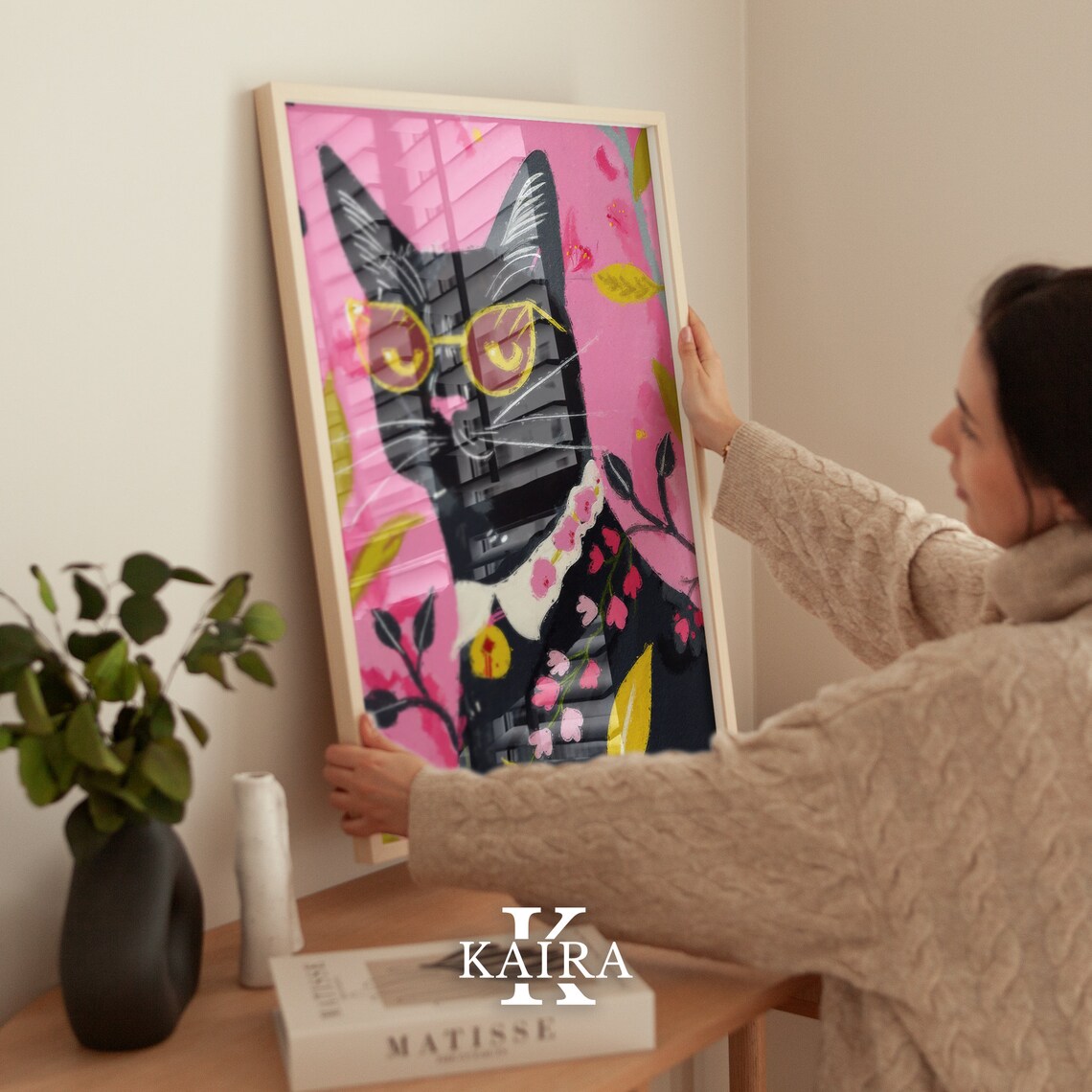 Cool Black Cat Wearing Yellow Sunglasses And Flower Lei Art Poster - Image 3