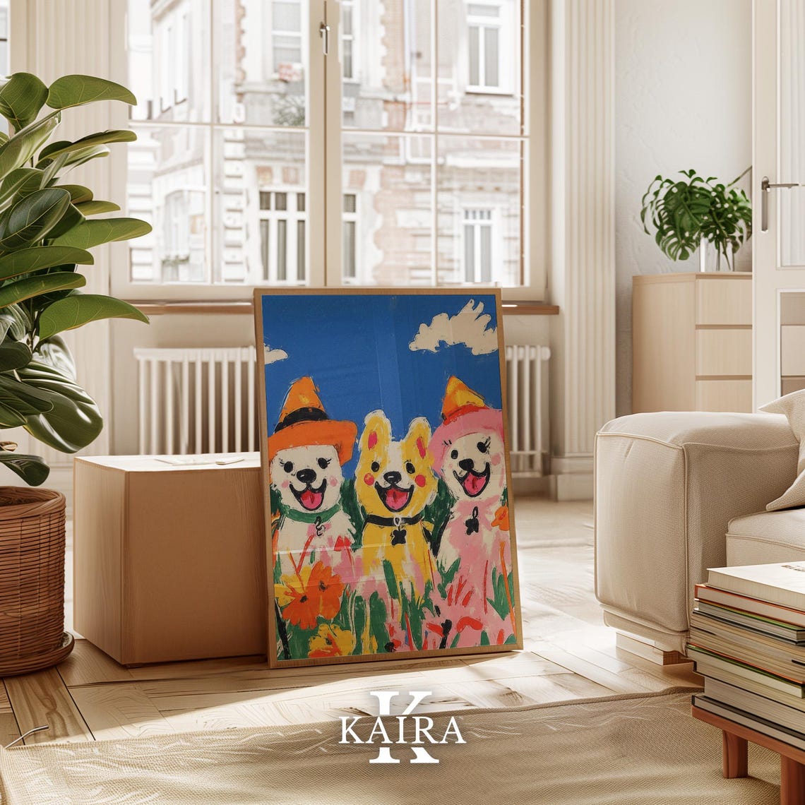 Three Happy Dogs Wearing Witch Hats in a Flower Meadow Poster - Image 3