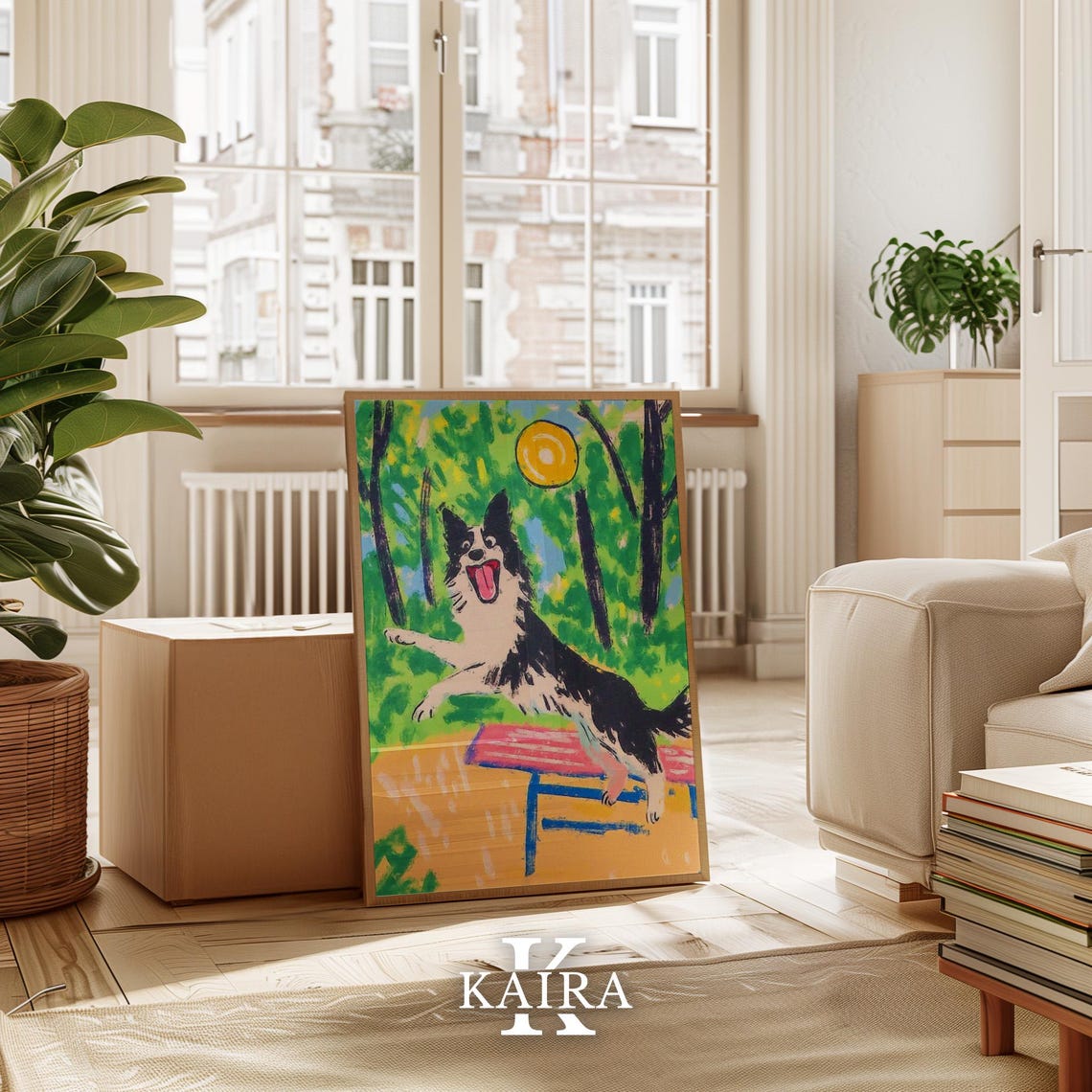 Playful Border Collie Dog Poster Jumping Dog Wall Art Colorful Animal Print Fun Pet Decor Outdoor Adventure Dog Illustration Kids Room