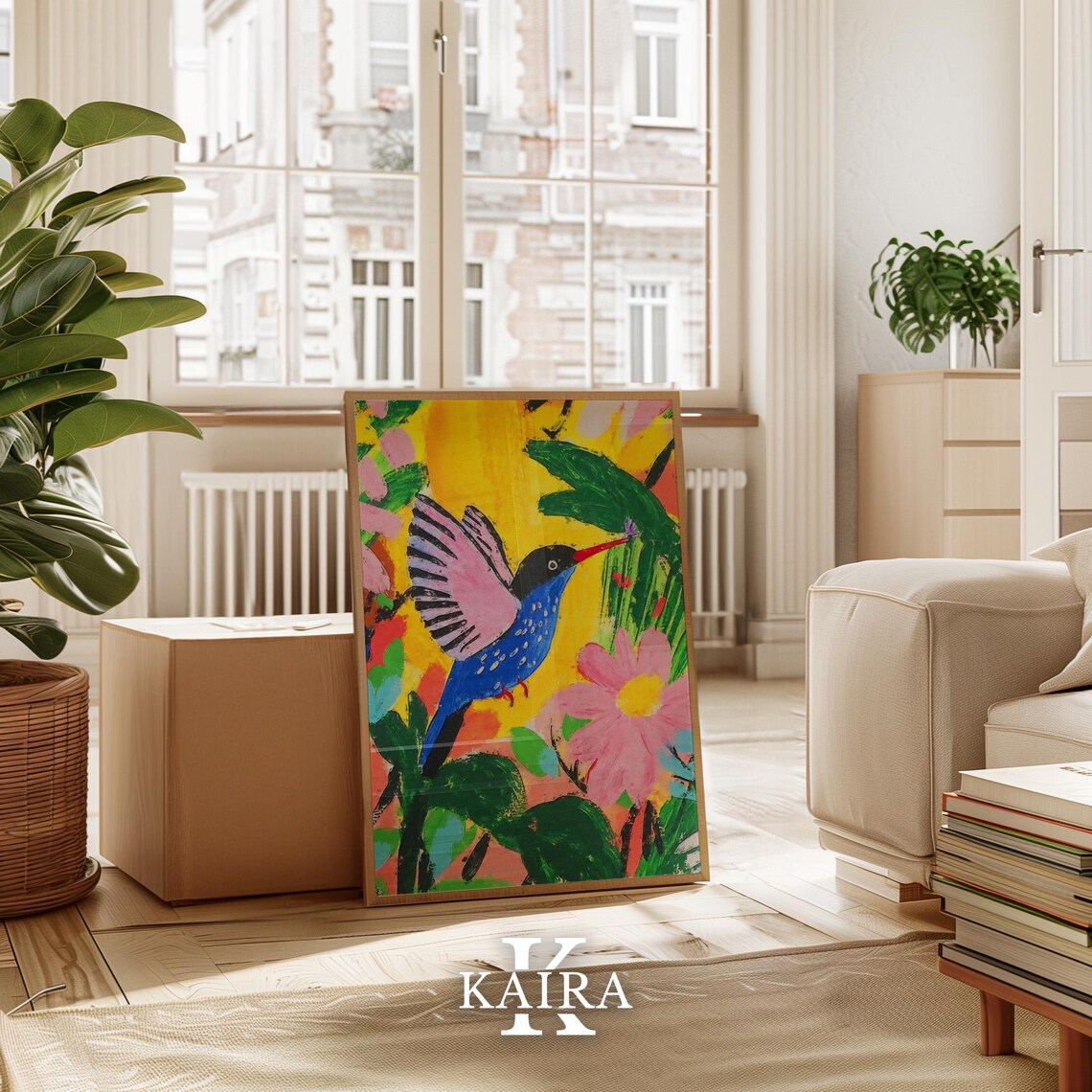 Vibrant Blue Hummingbird With Pink Wings Among Tropical Flowers Poster - Image 3