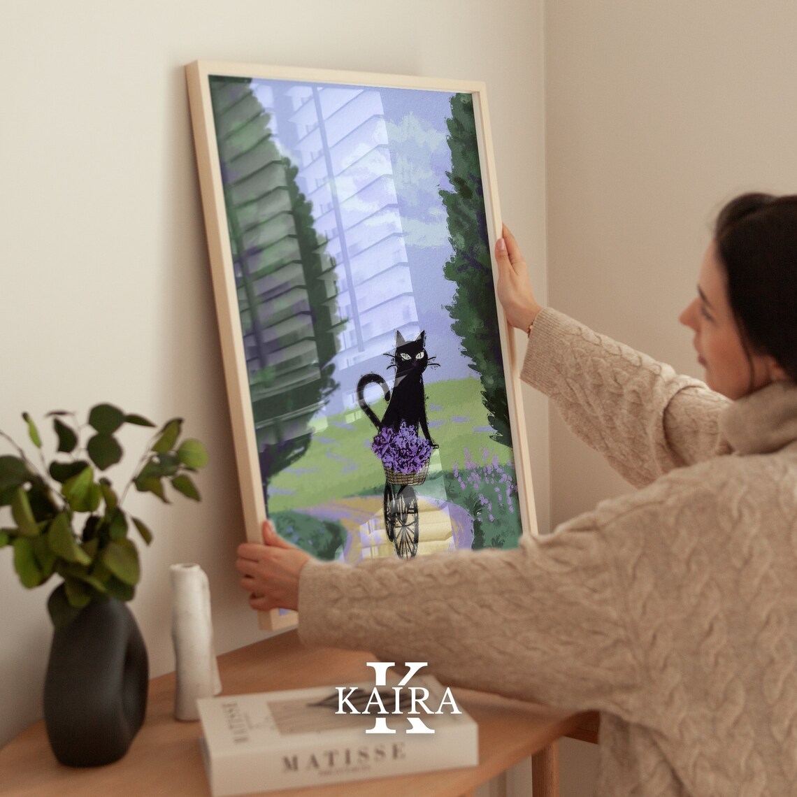 Black Cat Riding Bicycle With Lavender Basket On Country Path Art Poster - Image 3
