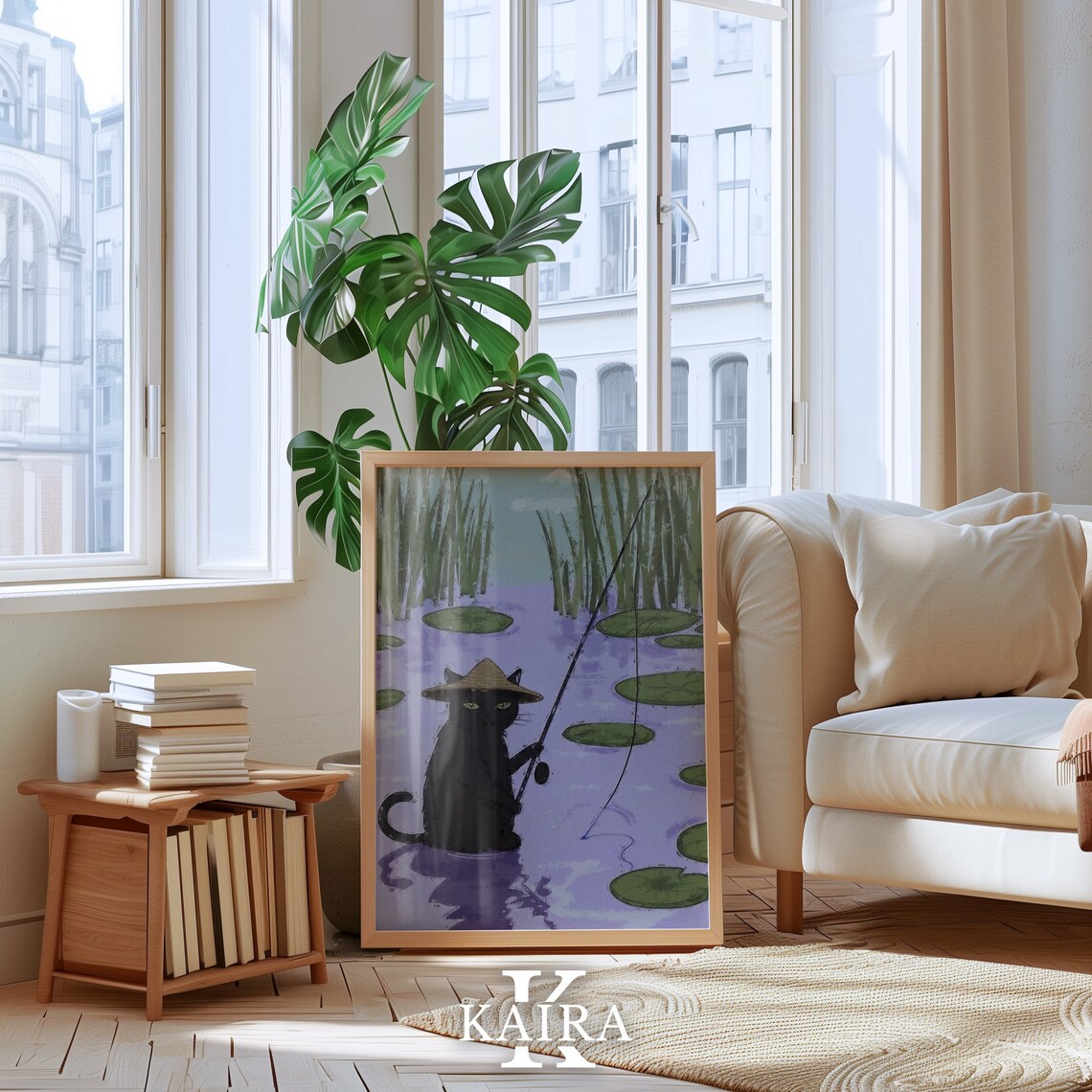 Black Cat In Straw Hat Fishing In A Lily Pond Calm Nature Art Poster - Image 5