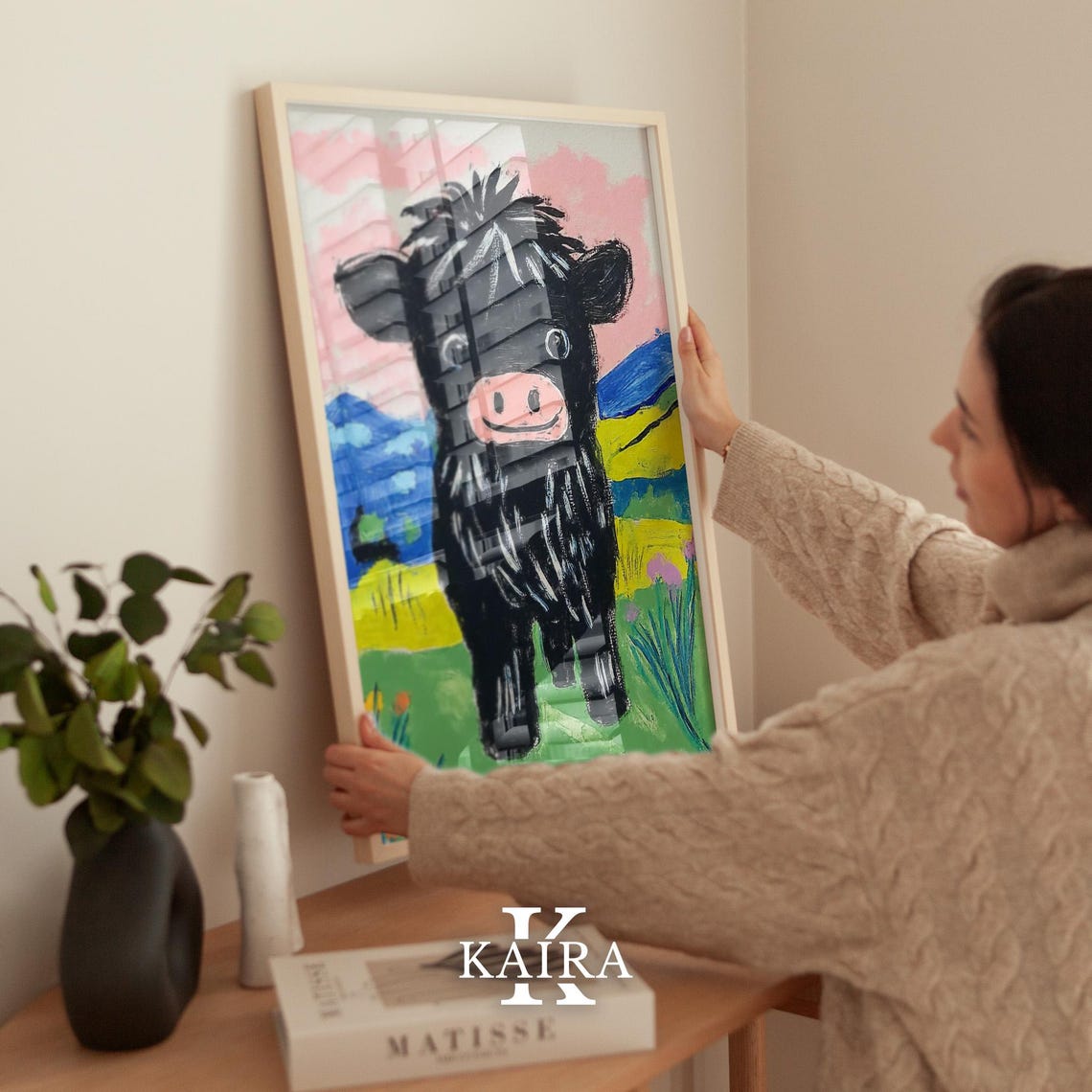 Fluffy Black Highland Cow Calf Under a Pink Cloudy Sky Poster - Image 2