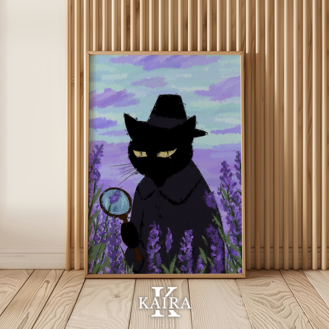 Black Detective Cat With Magnifying Glass In Lavender Field Poster - Image 2