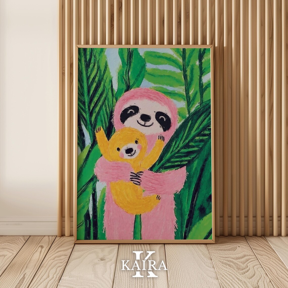 Pink Sloth Hugging Its Baby Among Lush Green Jungle Leaves Poster - Image 5
