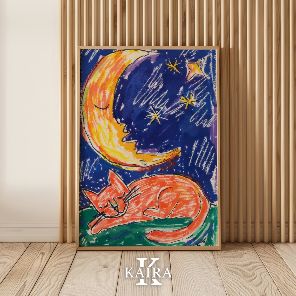 Sleeping Orange Cat Under Crescent Moon Night Sky Cat Poster - Image 2