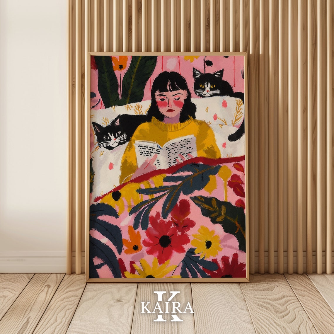 Cozy Woman Reading In Bed With Two Cats Floral Bedroom Art Poster - Image 2
