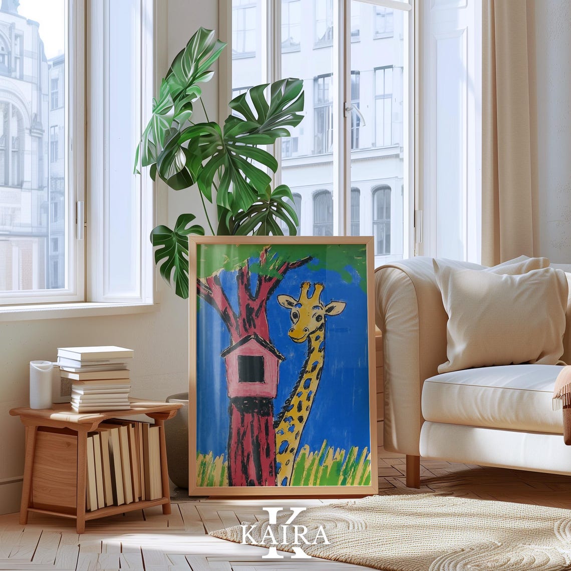Smiling Giraffe Beside a Red Tree With a Pink Birdhouse Poster - Image 4