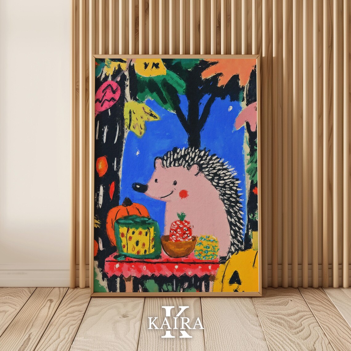 Smiling Pink Hedgehog Autumn Feast With Pumpkins and Treats Poster - Image 5