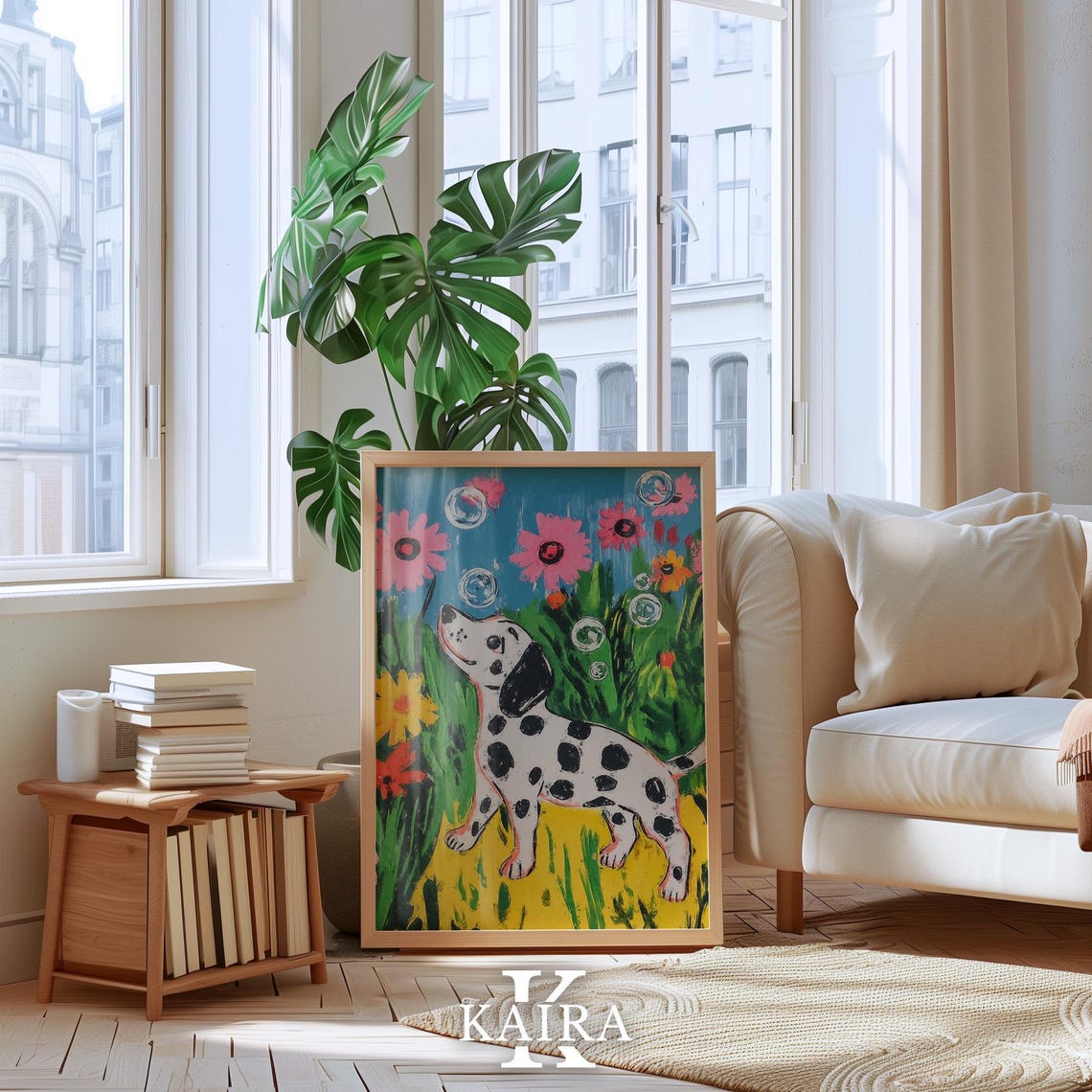 Dalmatian Puppy Watching Floating Bubbles Among Pink Flowers Poster - Image 4