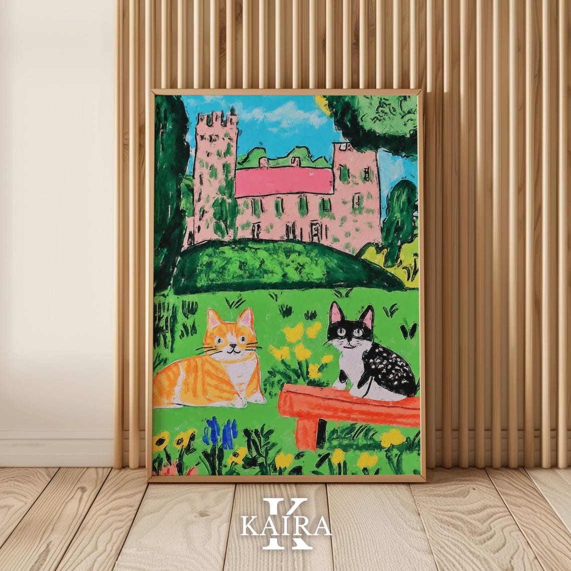 Charming Cats In Castle Garden Poster Whimsical Animal Wall Art Colorful Nature Illustration Cat Lovers Artwork Fairytale Decor