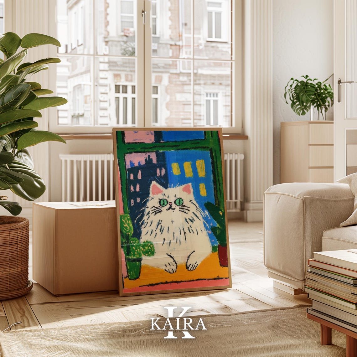 Fluffy White Cat Sitting in a Window Above the Night City Poster - Image 3