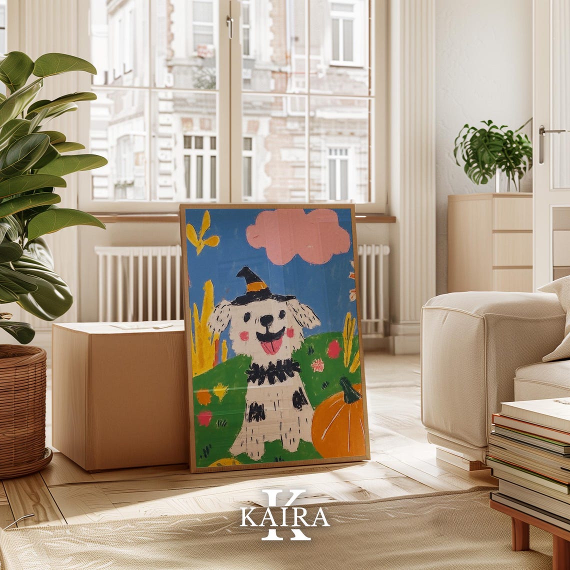 Smiling Puppy in a Witch Hat in a Bright Pumpkin Patch Poster - Image 3