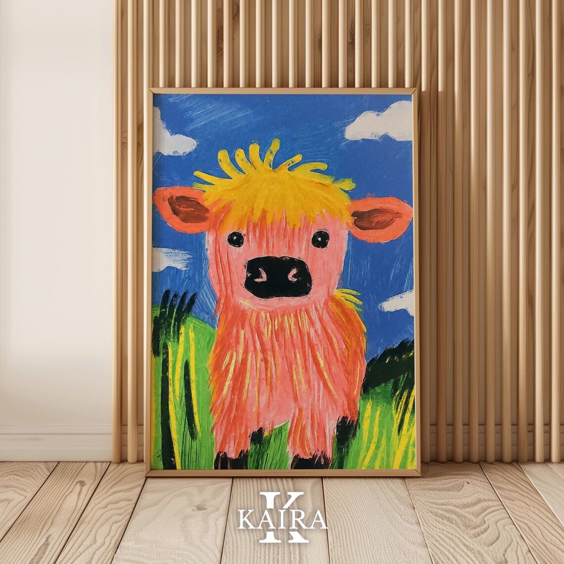 Fluffy Coral Highland Cow With a Yellow Forelock in a Field Poster - Image 5