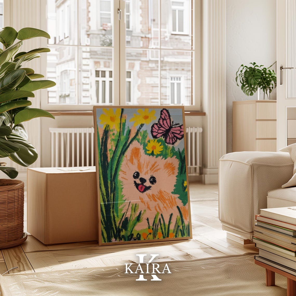 Fluffy Orange Puppy Chasing a Pink Butterfly in a Daisy Field Poster - Image 3