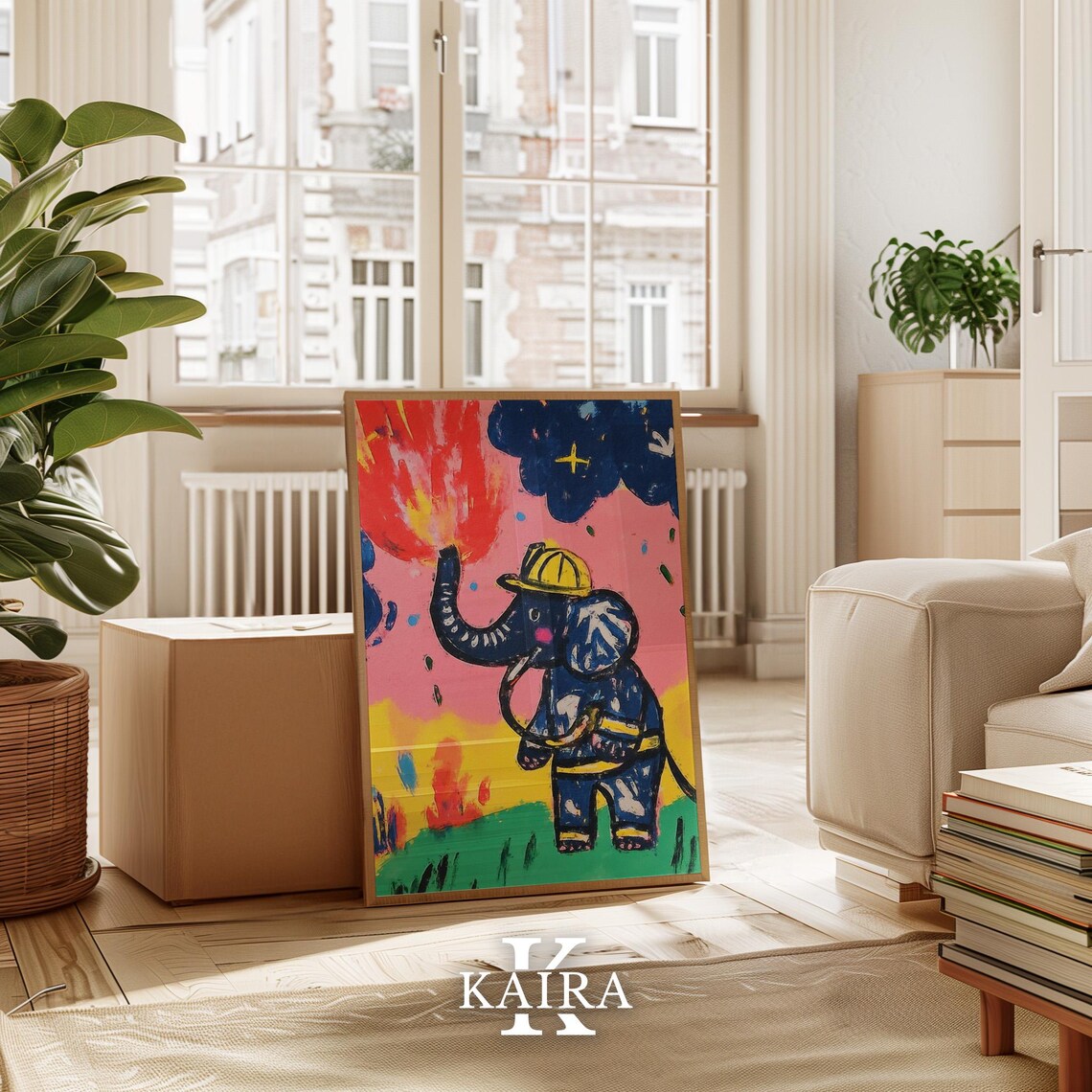 Brave Firefighter Elephant Spraying Water on Big Flames Poster - Image 2
