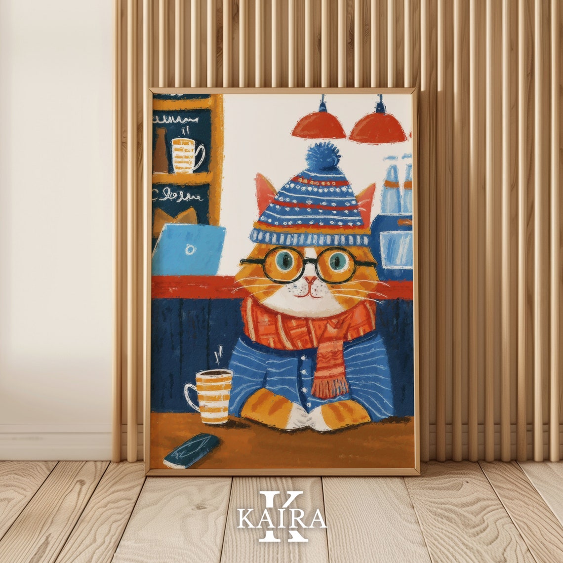 Cozy Cafe Ginger Cat in a Winter Hat Glasses and Scarf Poster - Image 2