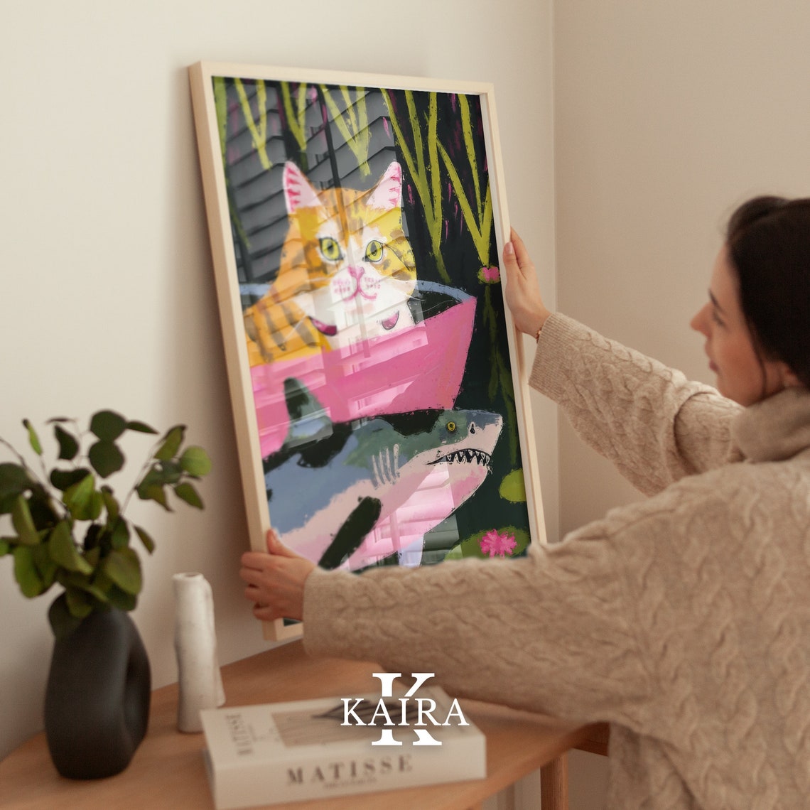 Orange Tabby Cat In Pink Tub With A Friendly Shark Playful Art Poster - Image 5