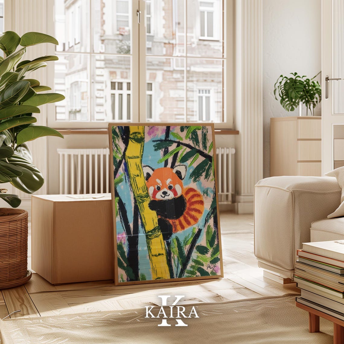 Adorable Red Panda Climbing a Tall Yellow Bamboo Stalk Poster