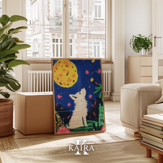 Happy White Dog Howling Up At A Giant Golden Moon At Night Poster