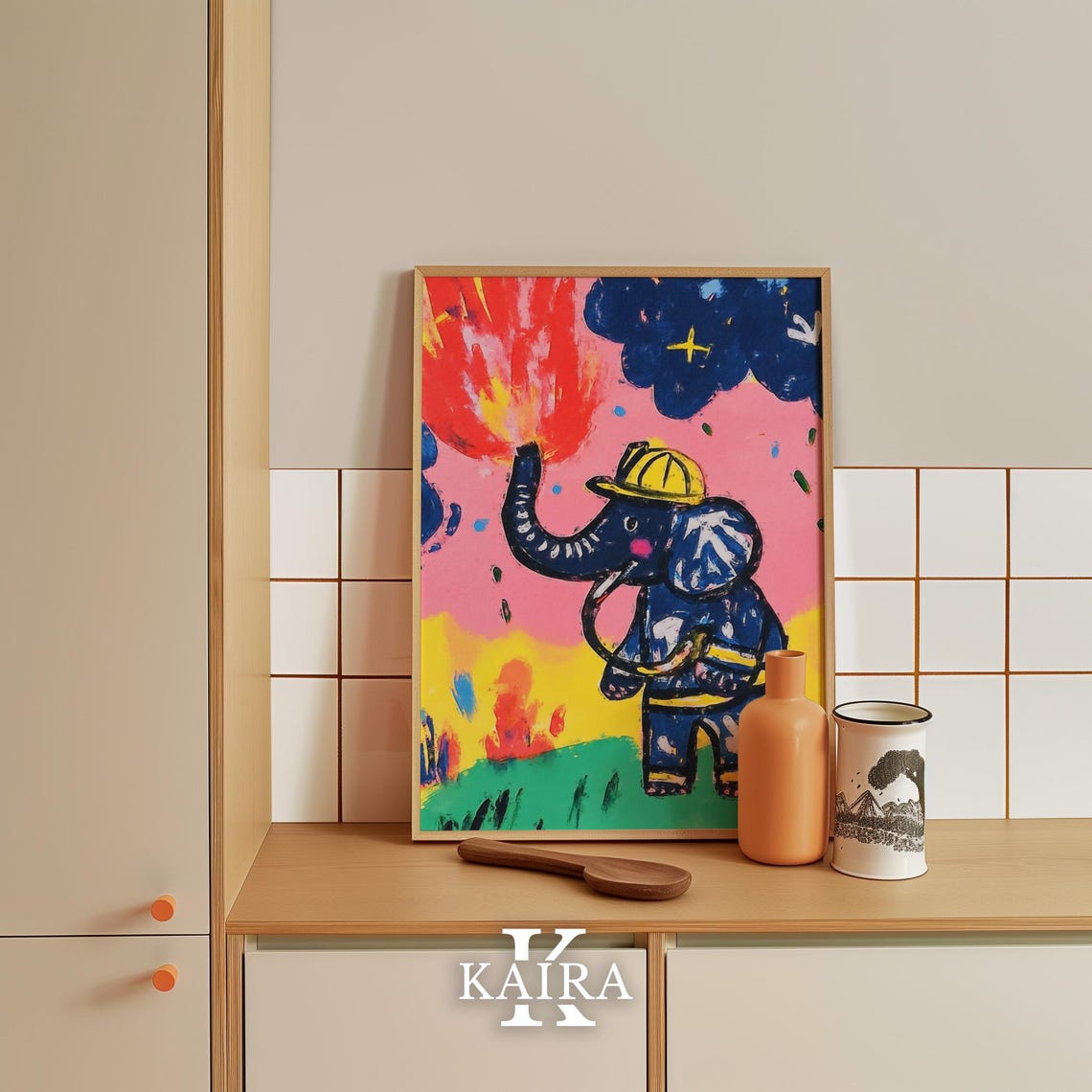 Brave Firefighter Elephant Spraying Water on Big Flames Poster - Image 4