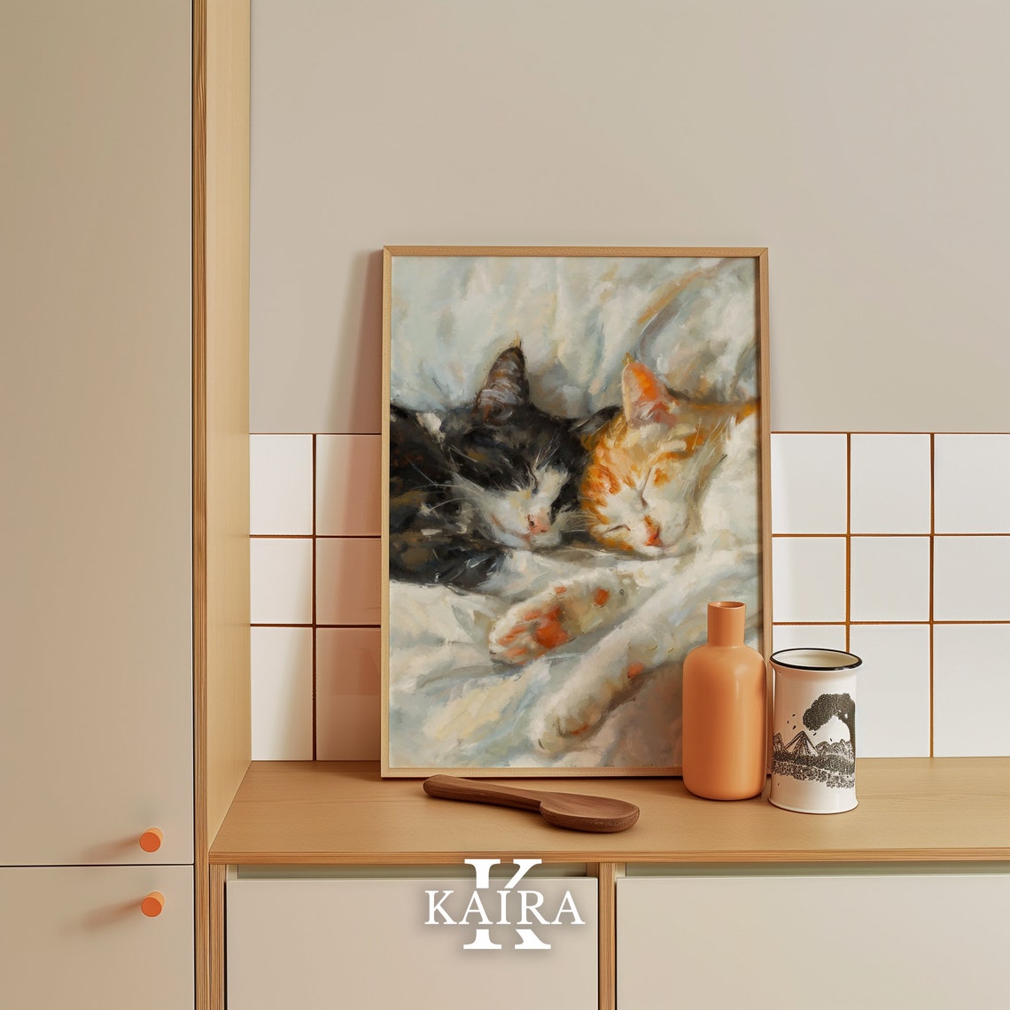 Two Sleeping Cats Cuddling Soft Cozy Watercolor Painting Cat Poster - Image 5