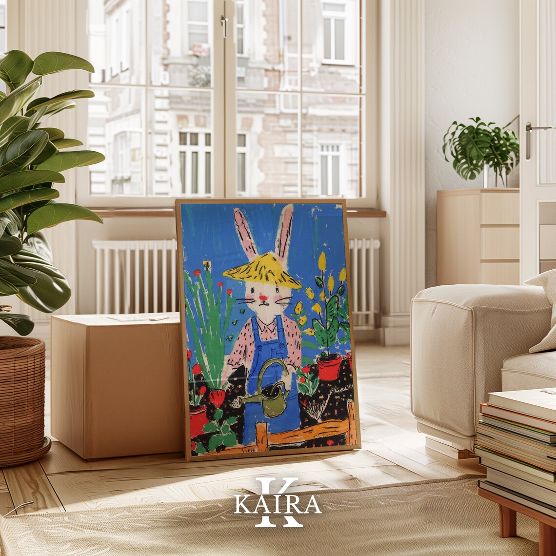 Cute Bunny Gardener Watering Flowers in Overalls and Straw Hat Poster - Image 4