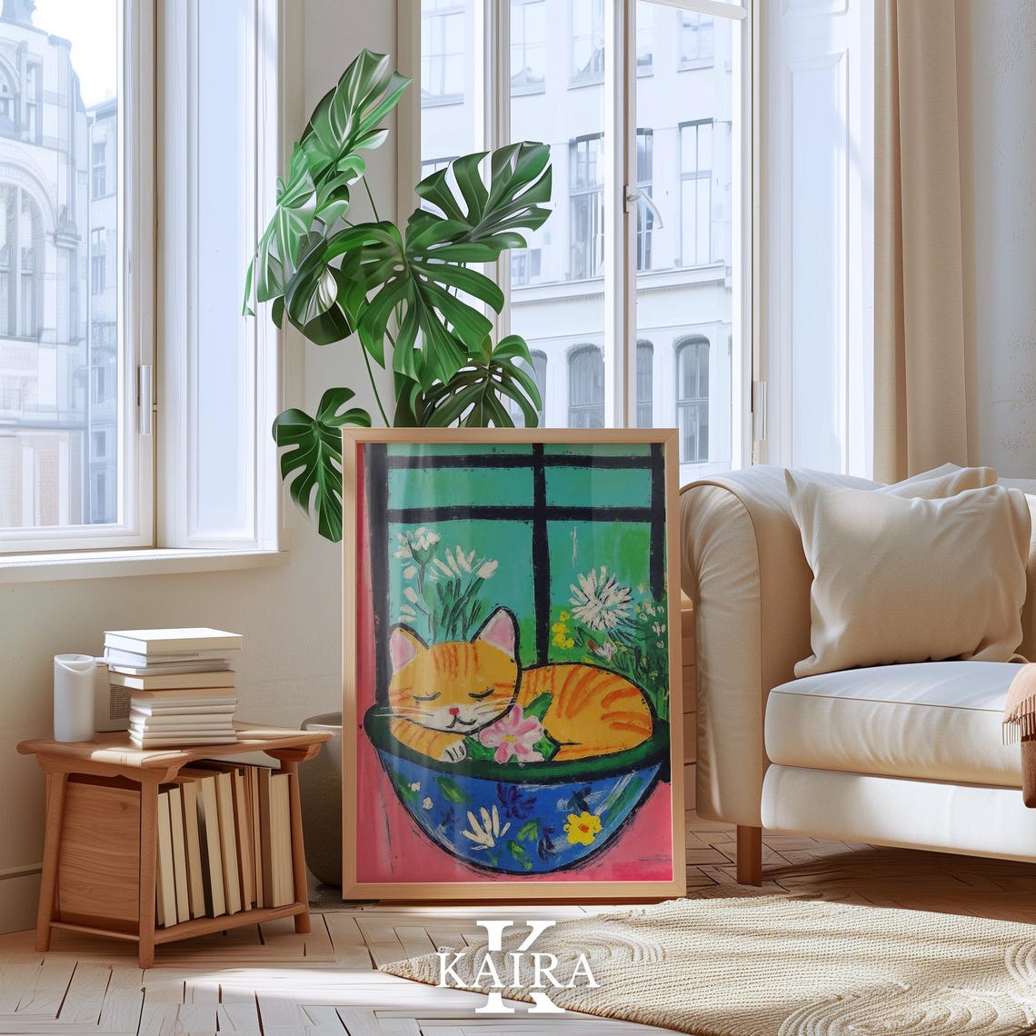 Sleepy Ginger Cat Curled Up in a Decorated Blue Floral Bowl Poster - Image 3