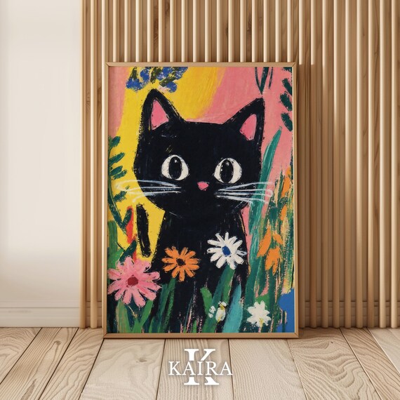 Wide-Eyed Black Kitten Sitting Among Bright Garden Flowers Poster