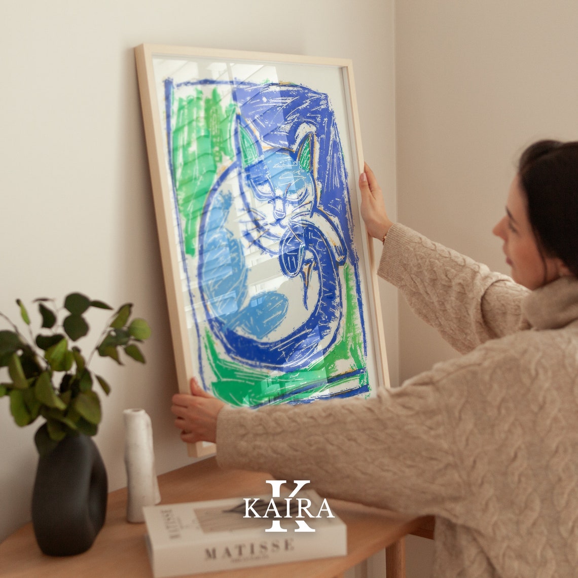 Calm Blue Cat Sleeping Curled Up Abstract Cat Painting Poster - Image 5