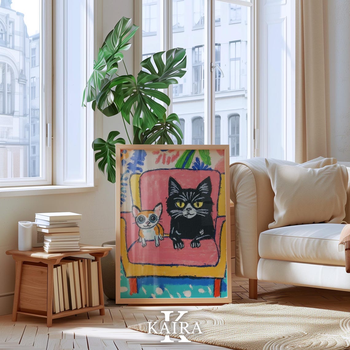 Black Cat and Chihuahua Sharing a Pink Couch Whimsical Poster - Image 4