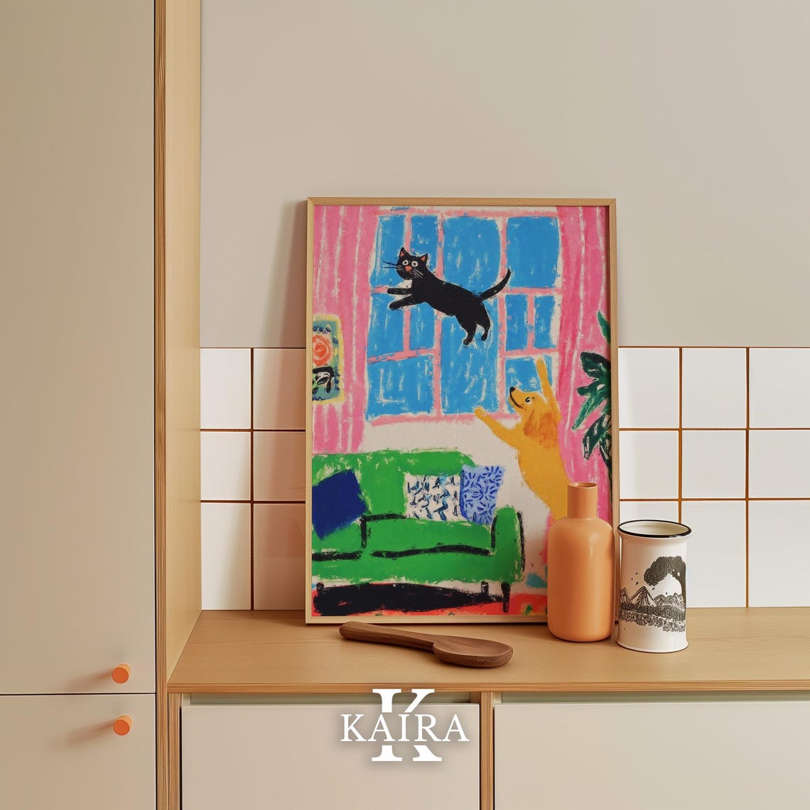 Black Cat and Golden Dog Playing Together in a Living Room Poster - Image 5