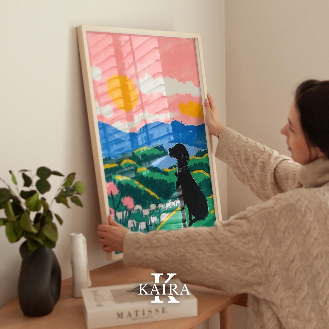 Black Dog Silhouette Watching A Pink Sunset Over Green Hills Poster - Image 2