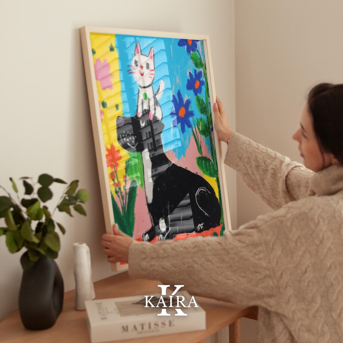 Happy White Cat Riding on a Big Black Dog Among Flowers Poster - Image 2